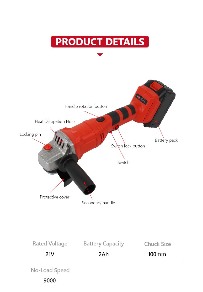 21V 100mm Cordless Angle Grinder