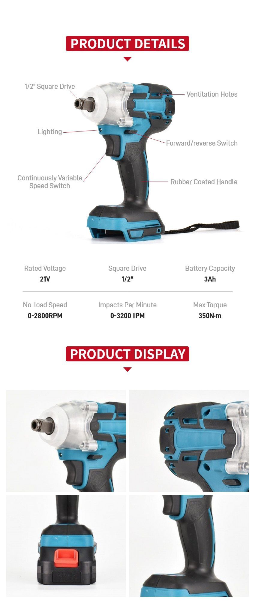 21V 350N•m Cordless Impact Wrench P10308