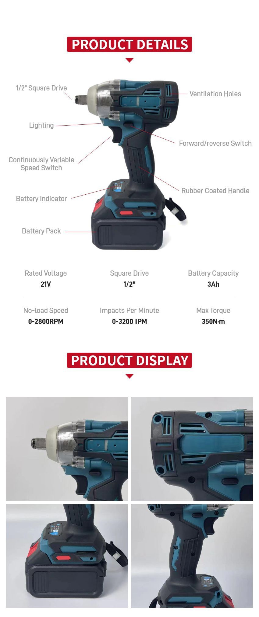 21V 350N•m Cordless Impact Wrench P10309