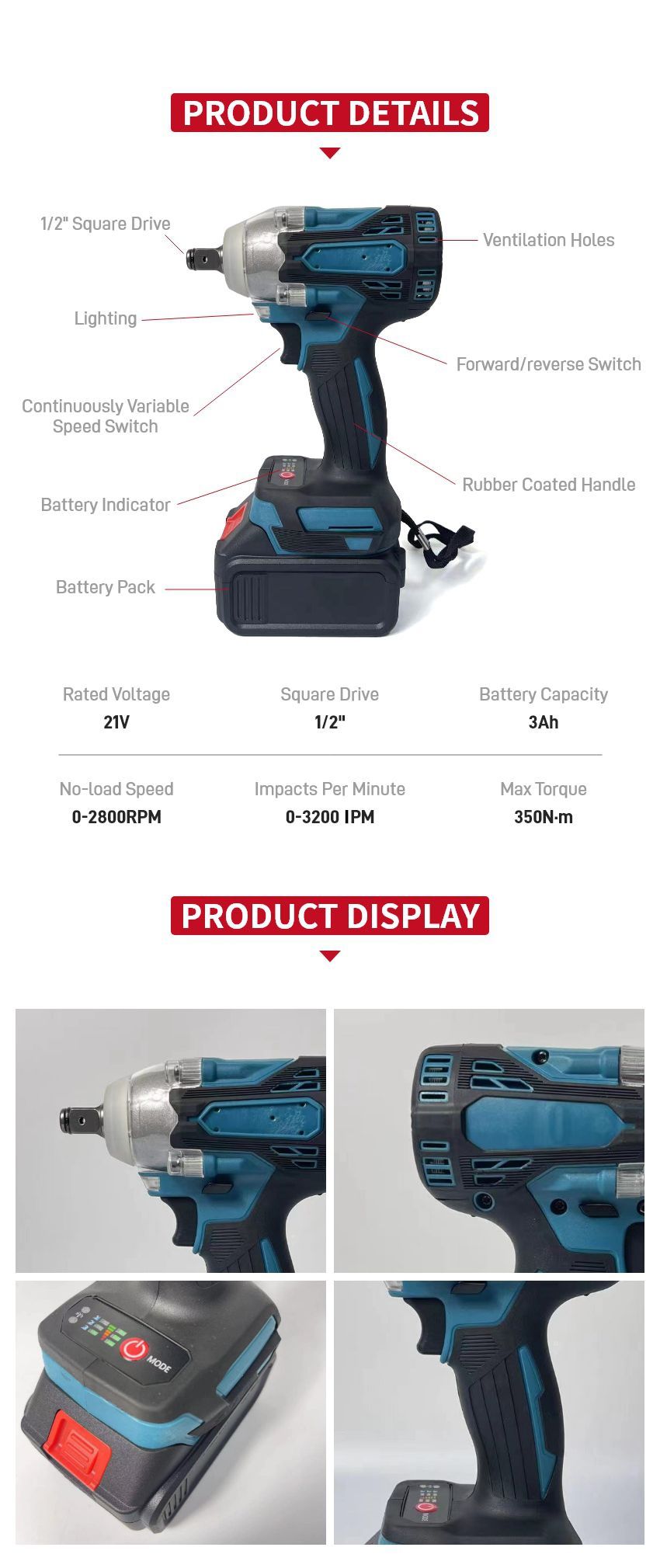 21V 350N•m Cordless Impact Wrench P10310