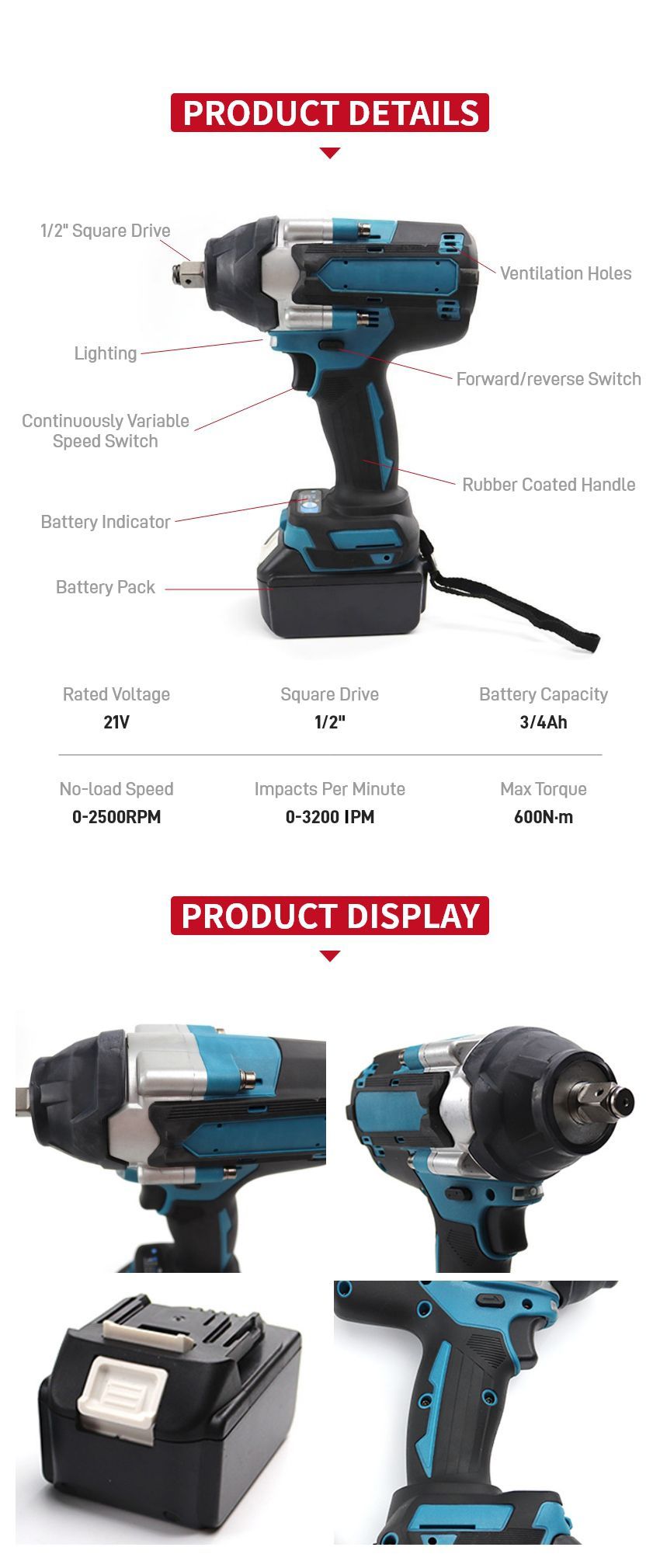 600N·m Cordless Impact Wrench P10312