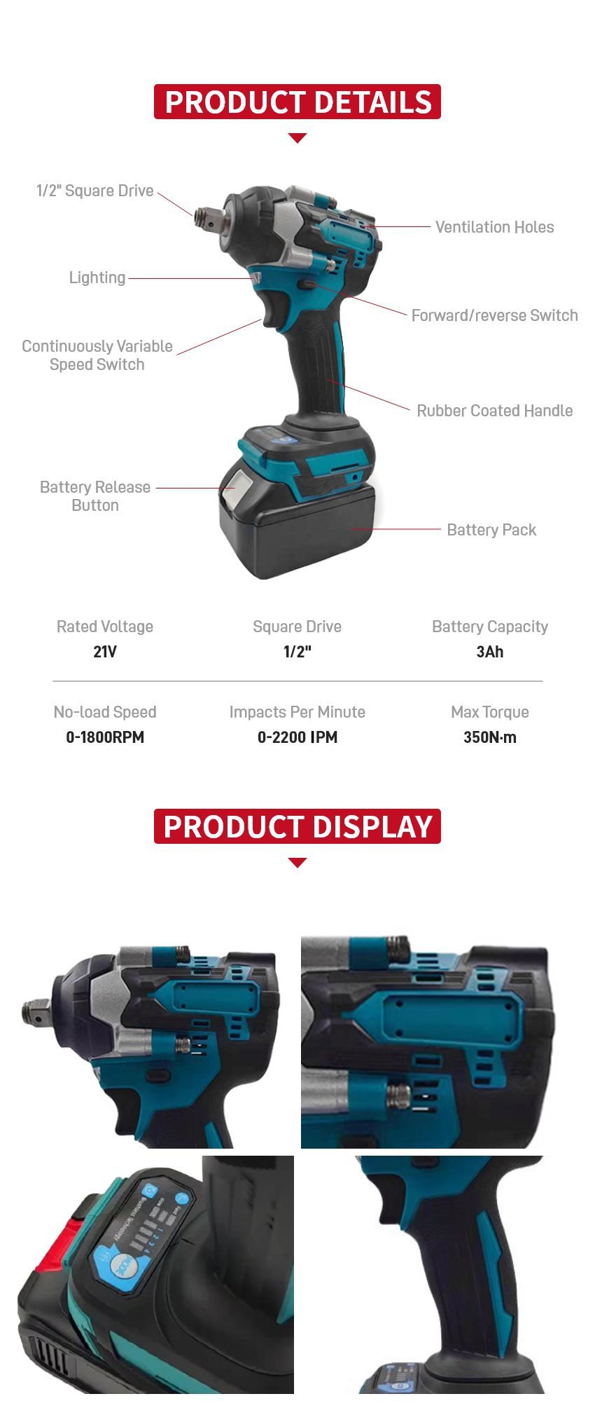 21V 350N•m Cordless Impact Wrench P10313