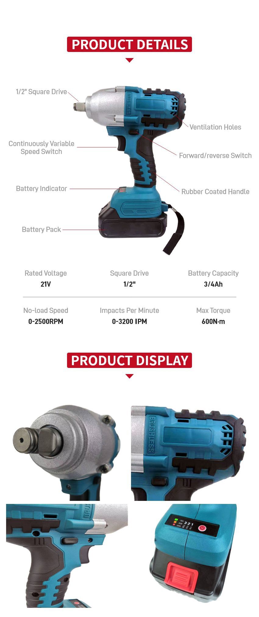 21V 600N·m Cordless Impact Wrench P10314