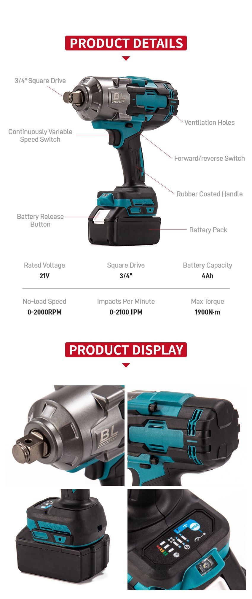 21V 1900N·m Cordless Impact Wrench P10315