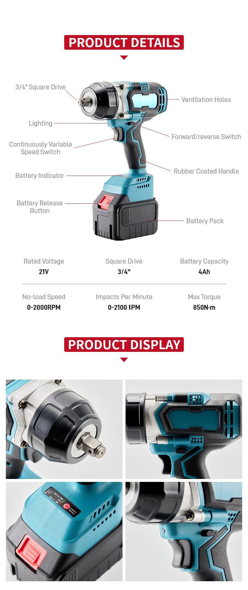 21V 850N·m Cordless Impact Wrench P10317