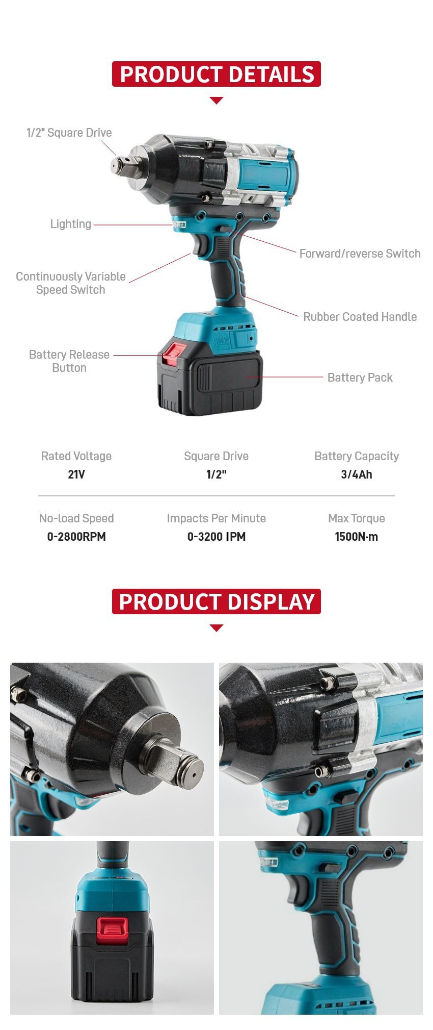 21V 1500N·m Cordless Impact Wrench P10319