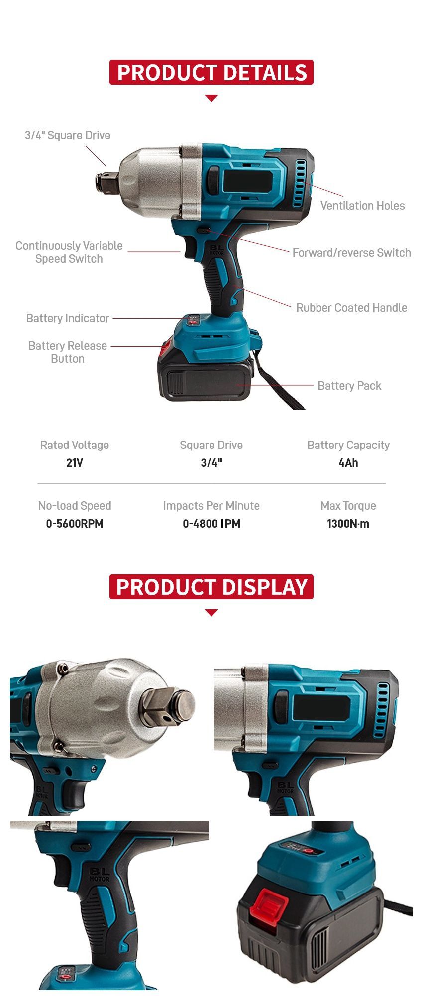 21V 1300N·m Cordless Impact Wrench P10320