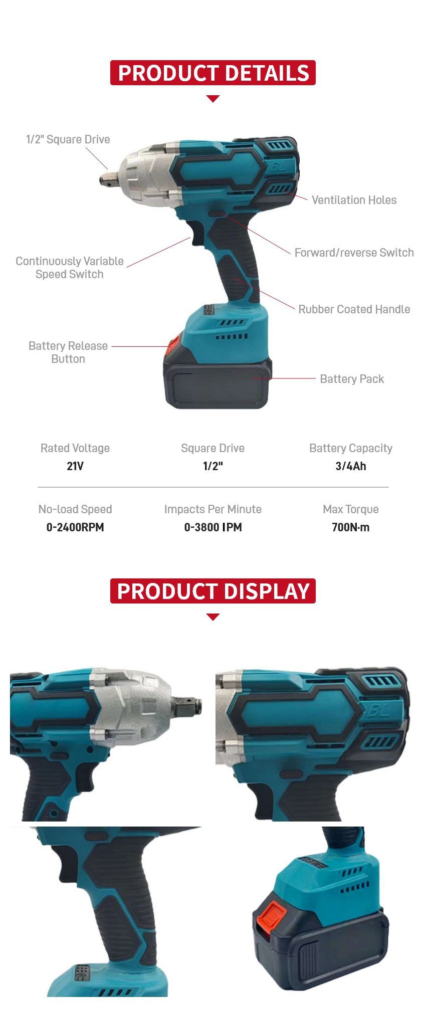 21V 700N·m Cordless Impact Wrench P10321