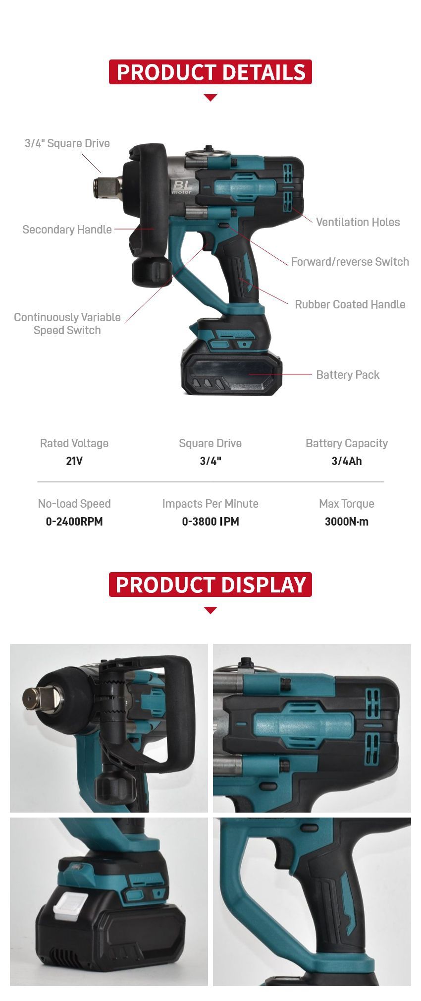 21V 3000N·m Cordless Impact Wrench P10322