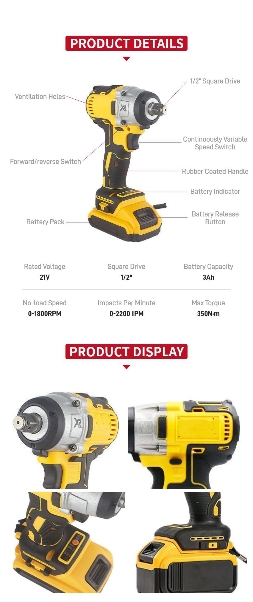 21V 350N·m Cordless Impact Wrench P10323