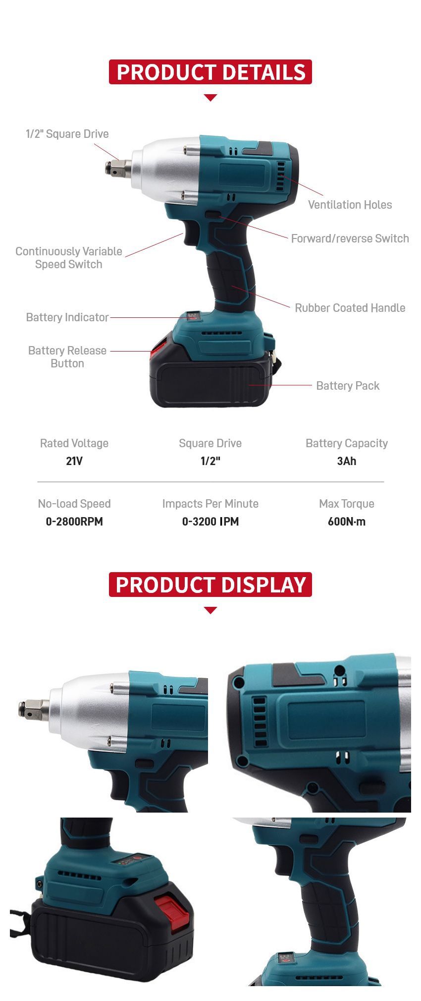 21V 600N·m Cordless Impact Wrench P10324