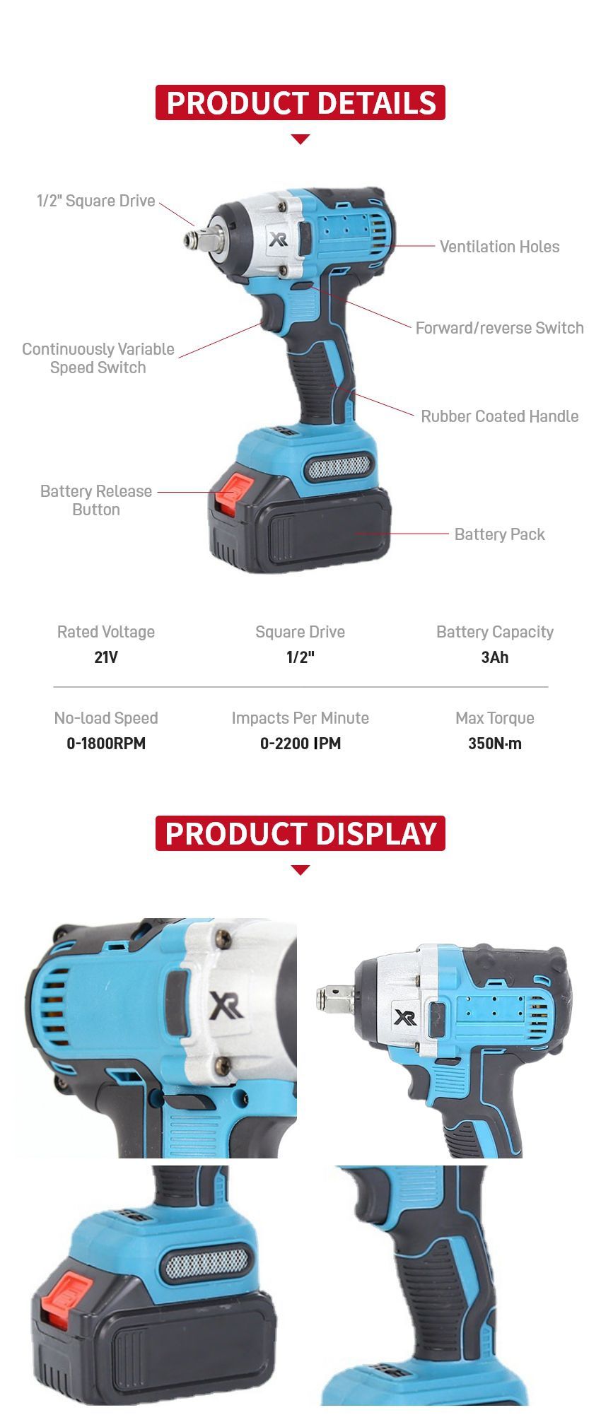 21V 350N·m Cordless Impact Wrench P10325