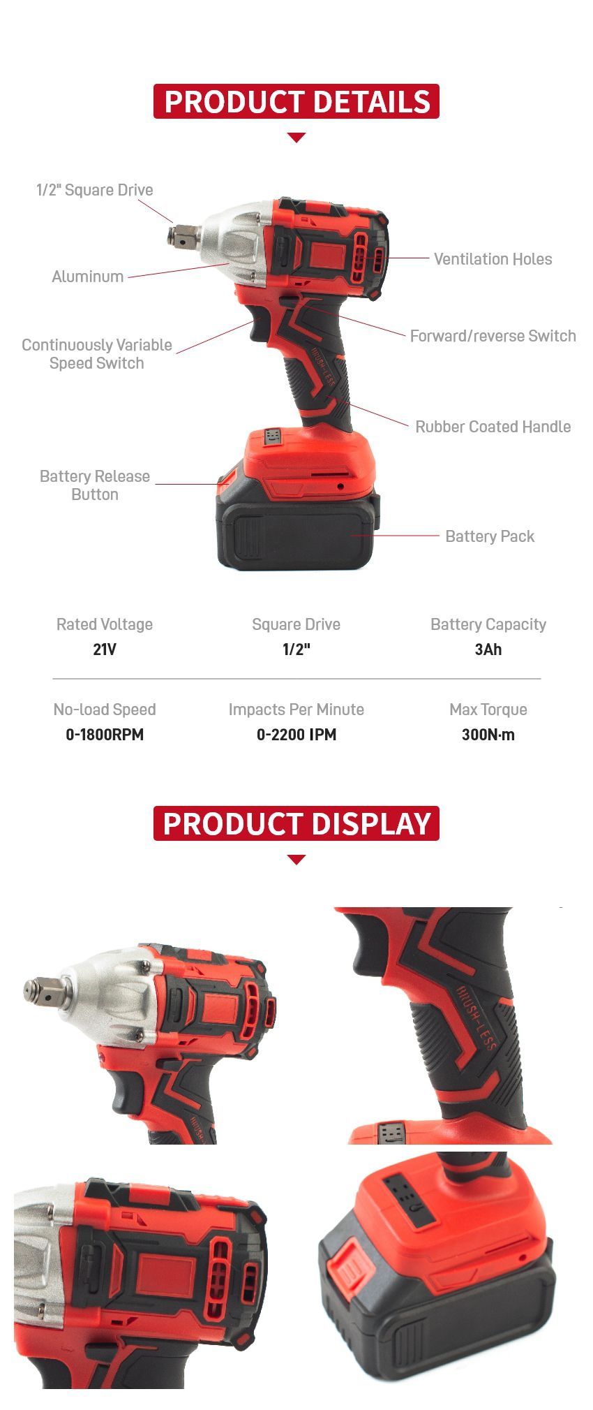 21V 300N·m Cordless Impact Wrench P10326