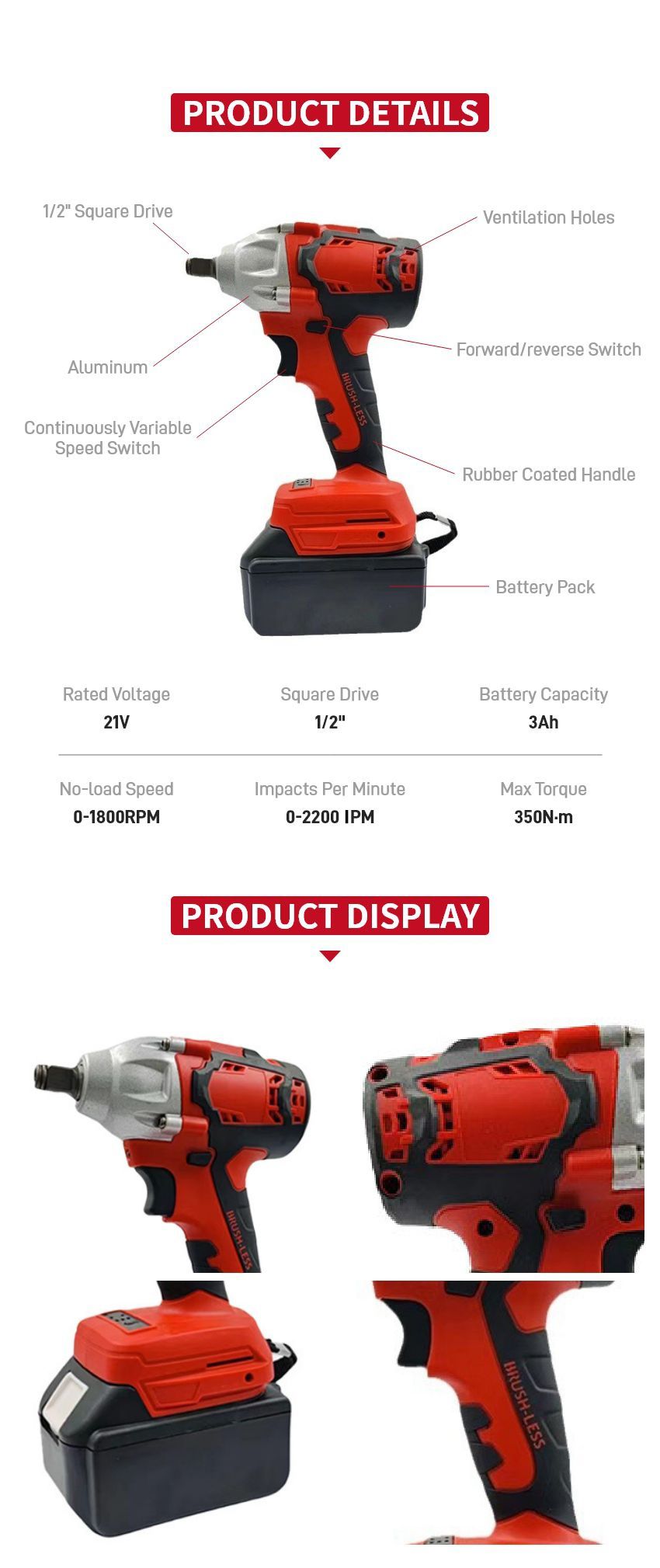 21V 350N·m Cordless Impact Wrench P10327