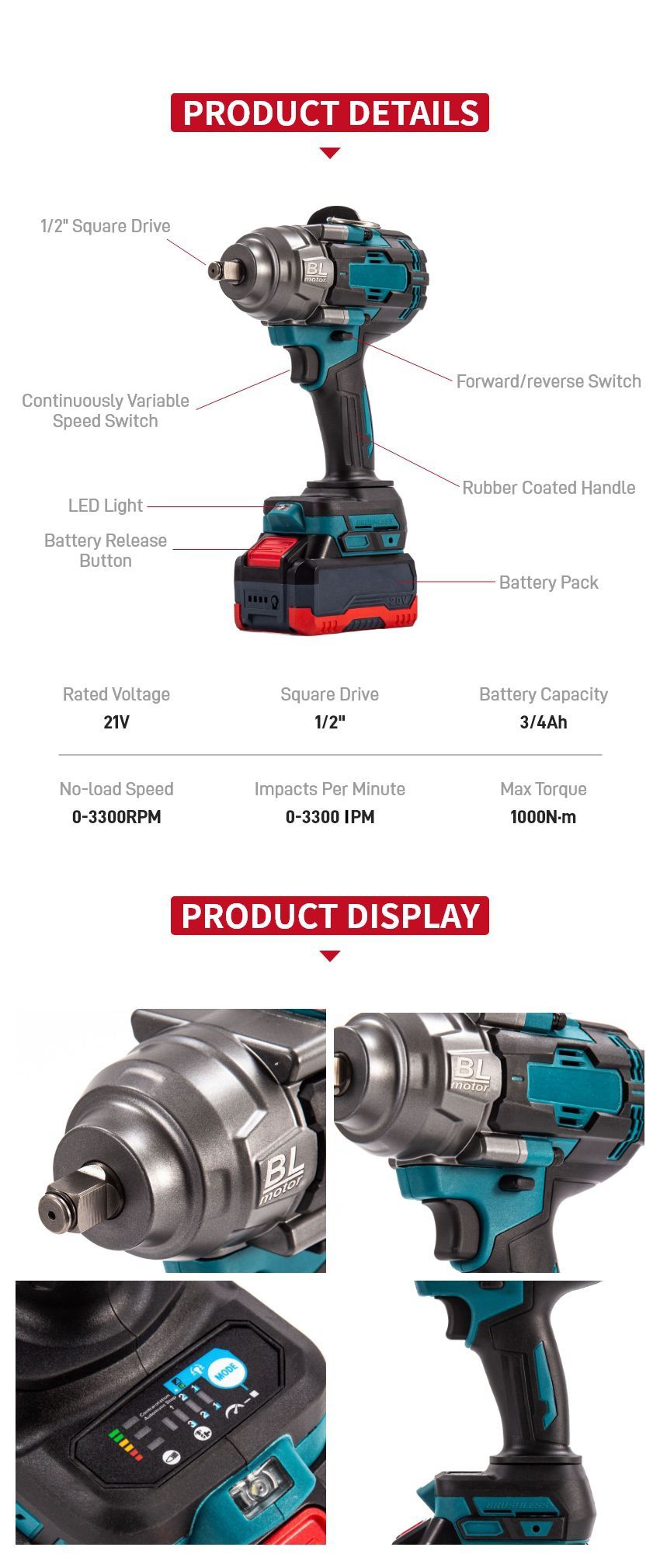 21V 1000N·m Cordless Impact Wrench P10329